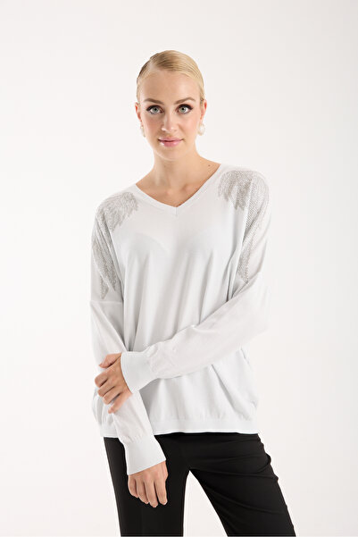 Moda Days Women's White Shoulder Detail V-Neck Knitwear Blouse