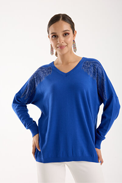 Clothes Fast Women's Cobalt Blue Shoulder Stone Detailed V-Neck Knitwear Blouse