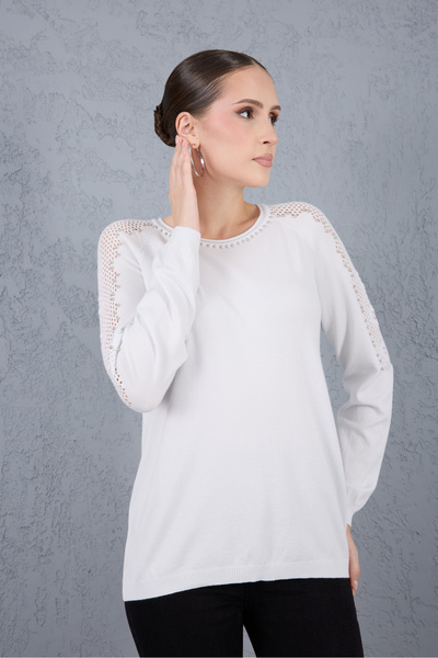 Moda Days Women's White Lace-Like Knit Pearl Detailed Raglan Sleeve Round Neck Knitwear Blouse