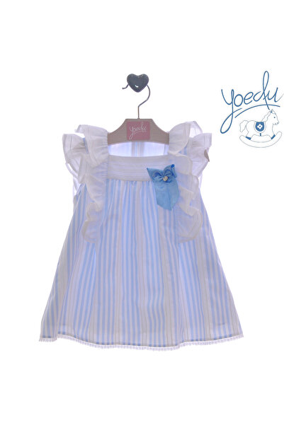 yoedu Spanish-style dress with a light blue stripe, delicate pattern, and bow.