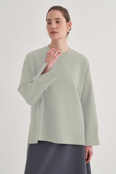 EBU Prive Жіноча блузка з інтерлоком і деталями на рукавах, пастельно-сіра