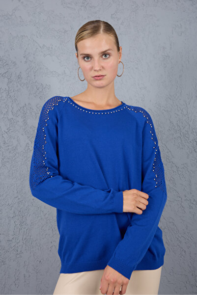 Clothes Fast Women's Cobalt Blue Lace-Like Knit Pearl Detailed Raglan Sleeve Round Neck Knitwear Blouse