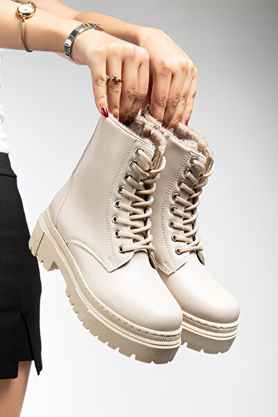 EFNANSHOES EFNAN SHOES Kadın Bej İçi Kürklü Su Geçirmez Dikişli Hafif Kaymaz Taban Garantili Kışlık Günlük Bot