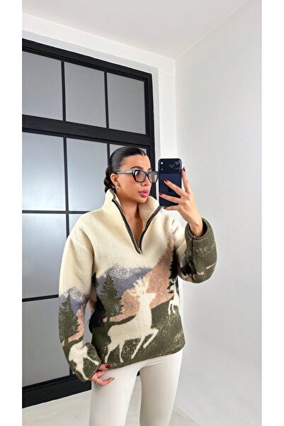 Gaus Hanorac din fleece cu fermoar și imprimeu cu cerb, ecru tricou GAUS-00723