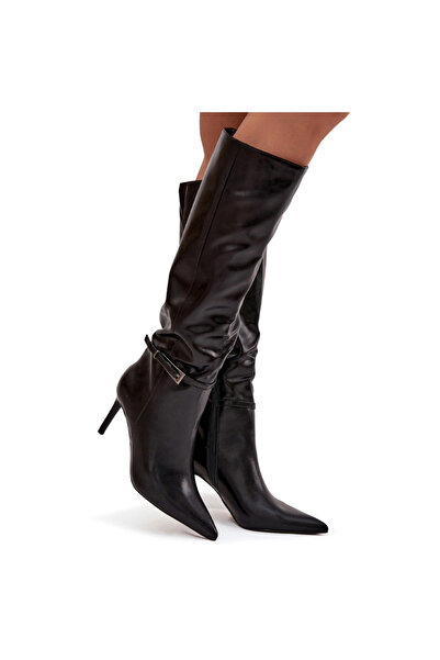 BOTO Cizme pentru femei cu toc înalt cu curea negre Lisanne 41