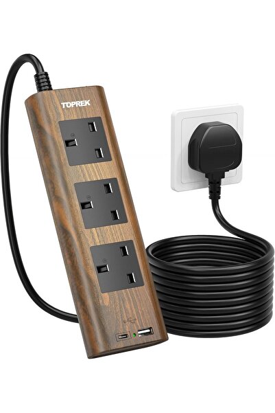 TOPREK كابل تمديد USB C ثلاثي الاتجاهات بنمط حبيبات الخشب بطول 2 متر، واقي من زيادة التيار، 3250 واط، مثبت على الحائط، مفتاح تشغيل وإيقاف