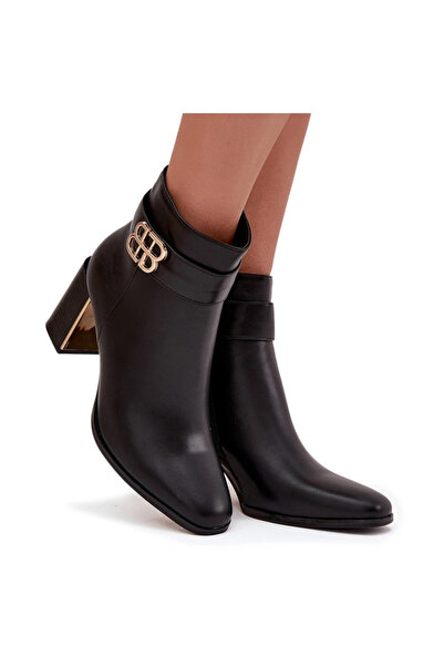 BOTO Botine pentru femei cu toc cu curea și detaliu auriu Negru Galinne 41