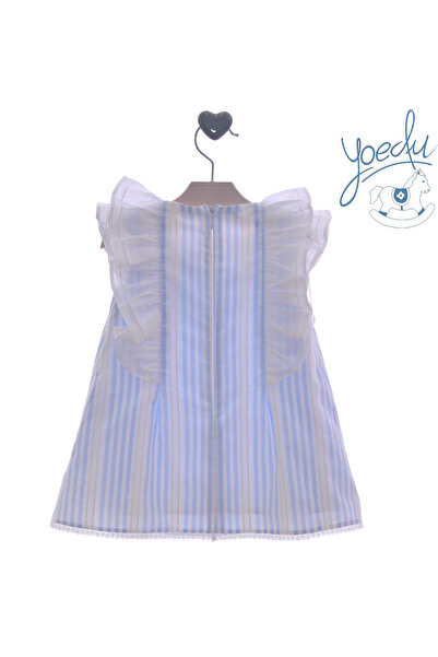 yoedu Spanish-style dress with a light blue stripe, delicate pattern, and bow.