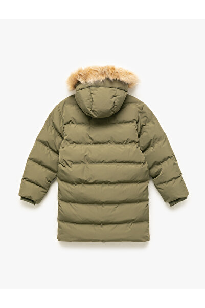 Koton Plush Detailed Long Sleeve Zippered Pocket Long Hooded Puffer Coat