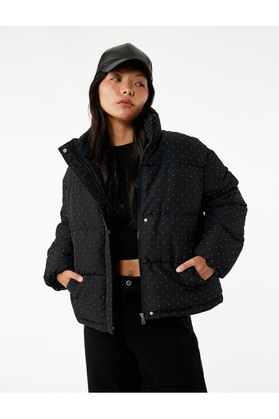 Koton Mock Neck Stone Inflatable Jacket with Zipper Pocket Detail