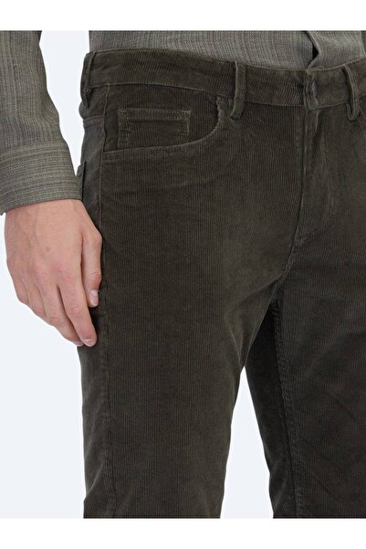 Kip Khaki Corded Fabric Woven Slim Fit Velvet Casual Cotton Blend Trousers