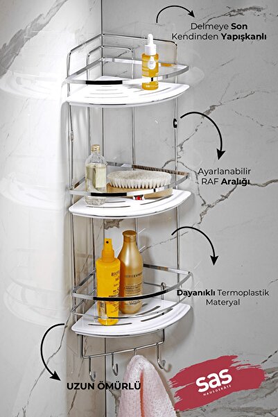 Sas Haus 3-Tier Adhesive Bathroom Corner Shelf with Hooks – Adjustable Crystal Shelf (Stick-On/Screw-On) Chrome-White