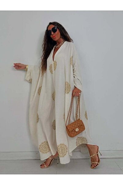 stellacloset Beige Dress Embroidered with Luxurious Golden Threads