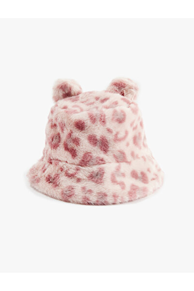 Koton Leopard Patterned Plush Bucket Hat with Ear Appliques