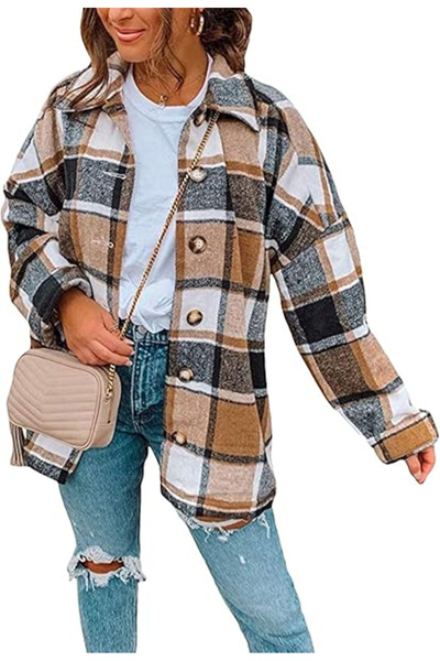 OEM Women's long-sleeved, loose-fitting, gray and brown plaid shirt 3XL