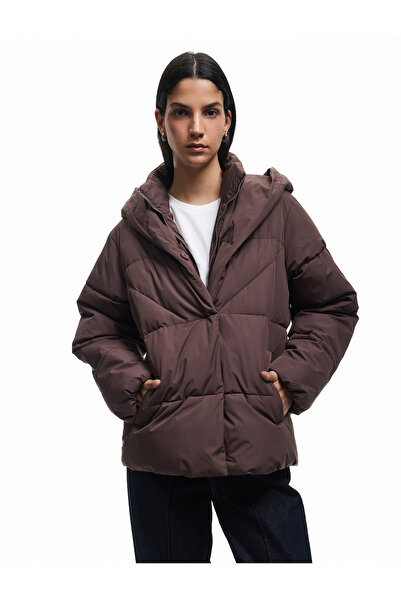 Koton Hooded Zippered Button Detailed Pocket Comfortable Fit Quilted Puffer Jacket