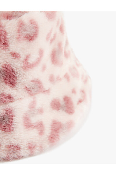 Koton Leopard Patterned Plush Bucket Hat with Ear Appliques