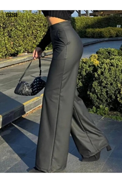 moda wanilia Women's High Waist Pocketed Fleece-Lined Wide Leg Matte Leather Pants