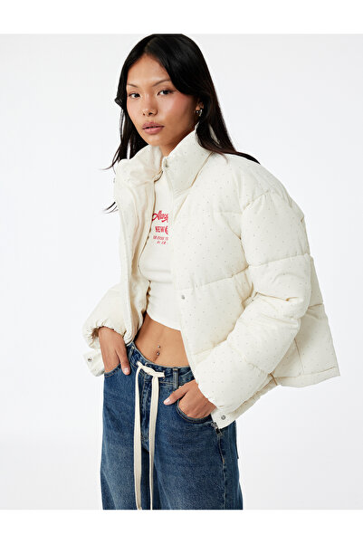 Koton Mock Neck Stone Inflatable Jacket with Zipper Pocket Detail