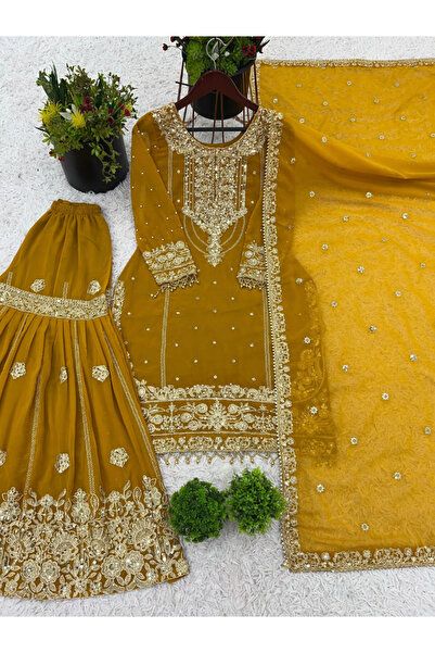 MYSMAR Yellow Faux Georgette Salwar Kameez & Dupatta - HRT5168 | Yellow