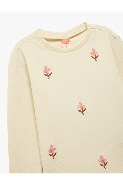Koton Cotton Long Sleeve Crew Neck Floral Embroidery Detail T-Shirt