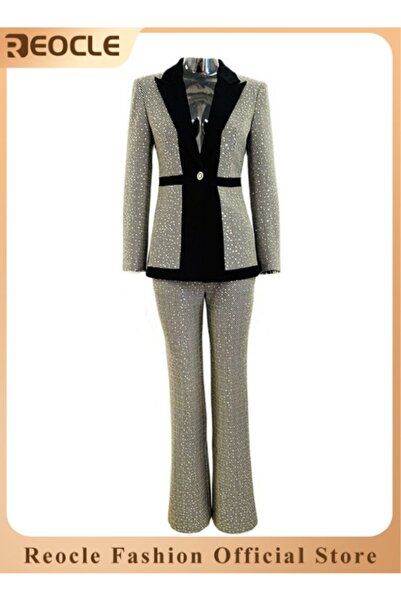 REOCLE (جاكيت + بنطلون) بدلة نسائية كبيرة الحجم منقوشة بألوان متناسقة طقم مكو...