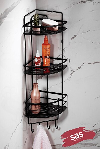 Sas Haus 3-Tier Adhesive Bathroom Corner Shelf with Hooks – Adjustable Crystal Shelf (Stick-On/Screw-On) Black-Black