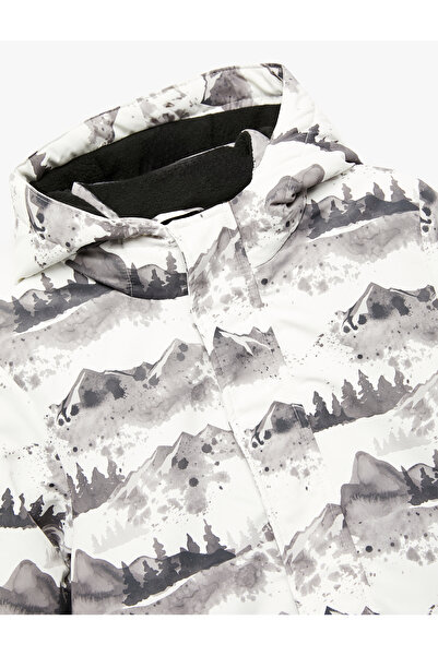 Koton Fleece Lined Patterned Long Sleeve Hooded Coat