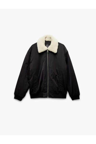 Koton Long Sleeve Pocket Detail Zippered Plush Collar Winter Puffer Coat