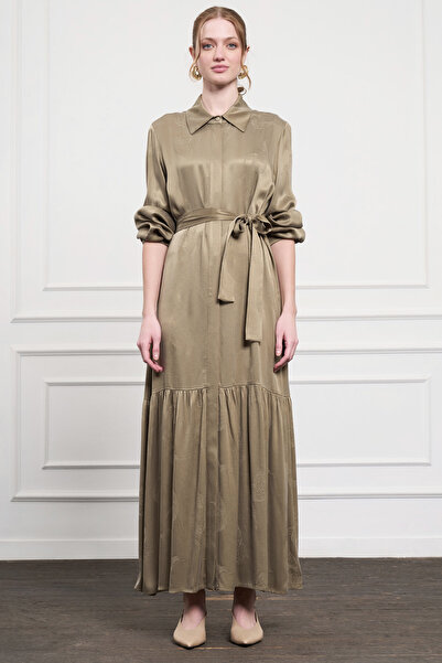 Nuss Patterned Belt Detail Dress 2044 Khaki