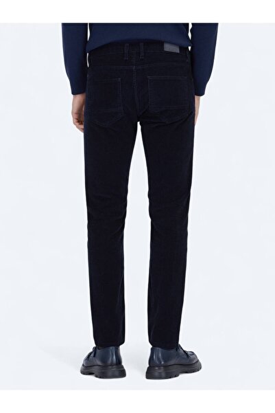 Kip Navy Blue Corded Woven Slim Fit Velvet Casual Cotton Blended Trousers