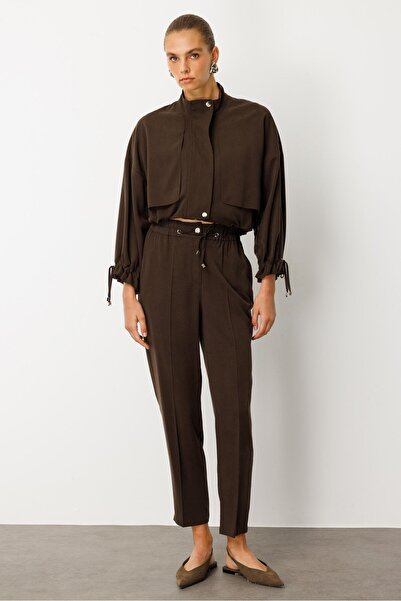 Moda İlgi Modailgi Kuş Gözü Detaylı Beli Lastikli Pantolon - 15022 Kahve