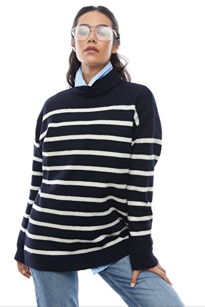 PAULMARK Γυναικείο πλεκτό πουλόβερ με ριγέ ολόσωμο ζιβάγκο