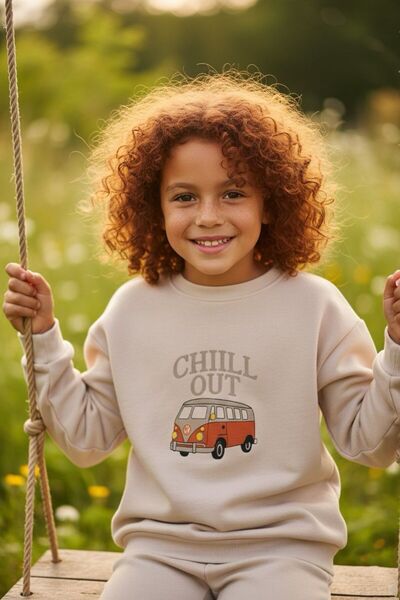 SEENJOB KİDS Oversize Simit Yaka Chill Out Araba Baskılı 3 İp Şardonlu Krem Ç...