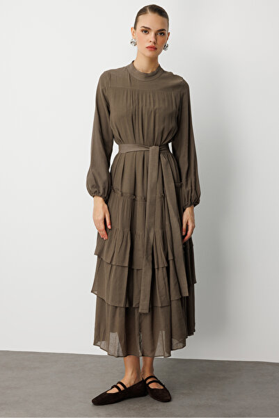 Mizalle Kat Pileli Maksi Haki Elbise