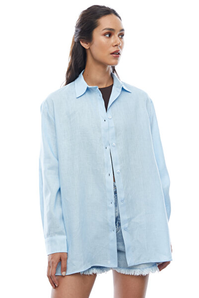 PAULMARK Γυναικείο λινό πουκάμισο με κουμπιά στο κάτω μέρος της φούστας