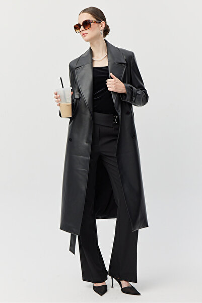 PAULMARK Women's Belted Leather Trench Coat