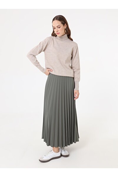 Refka Crepe Fabric Pleated Classic Skirt - Khaki -