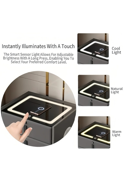 POWER Wooden bedside table with fingerprint lock drawer + USB port + three-color LED light