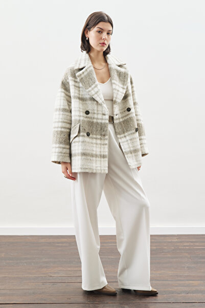 Manuka Plaid Patterned Wool Coat Beige