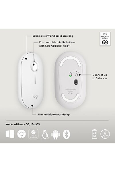 logitech ماوس بيبل ماوس 2 M350s رفيع لاسلكي يعمل بتقنية البلوتوث - أبيض