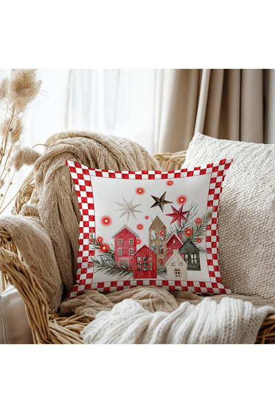 Evmila Yılbaşı Ev Desen Kadife Kırlent Kılıfı 43x43 cm Çift Taraf Baskılı Fermuarlı