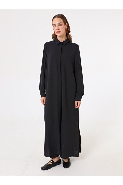 Refka Shirt Collar Long Hijab Tunic - Black -