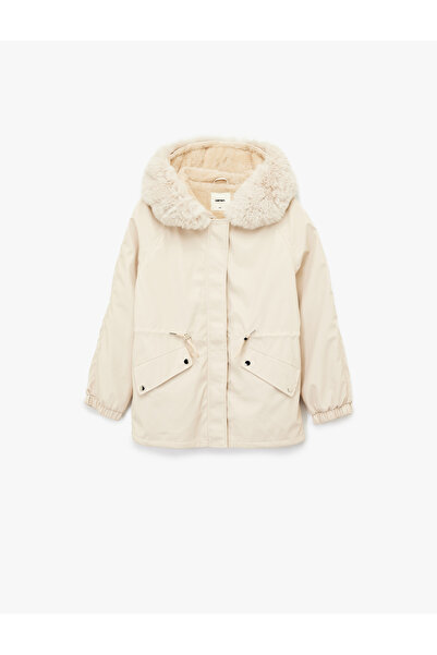 Koton Hooded Anorak Coat with Fleece Lining, Pockets, Detachable Faux Fur Accessory Detail