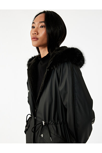 Koton Hooded Anorak Coat with Fleece Lining, Pockets, Detachable Faux Fur Accessory Detail