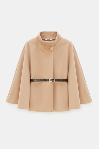 Saade Stylish Short Poncho Jacket with Brooch Detail Belt