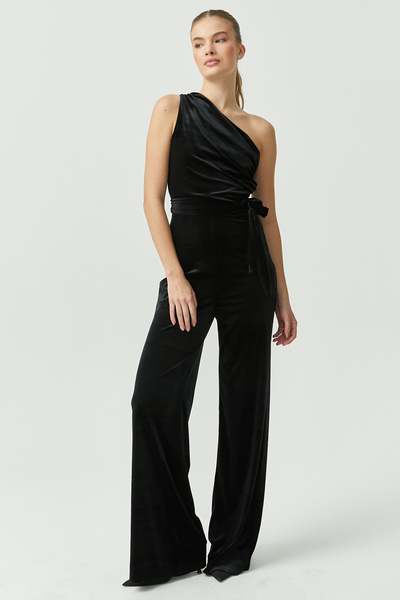 PAULMARK Women's One-Shoulder Velvet Jumpsuit