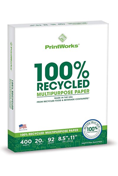 PRINTWORKS ورق متعدد الأغراض معاد تدويره بنسبة 100%، 9 أرطال، 92 برايت، 400 ورقة