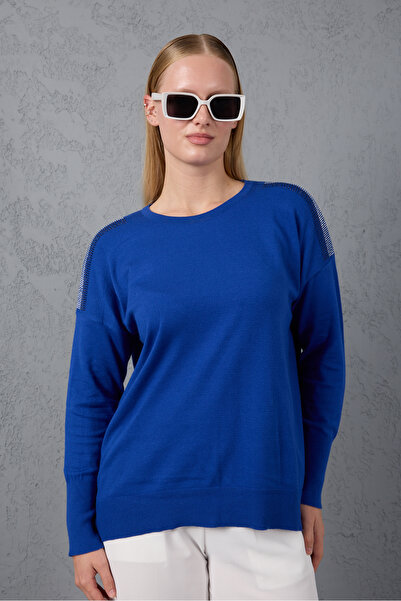 Clothes Fast Women's Cobalt Blue Shoulder Stone Detailed Wide Cuffed Crew Neck Knitwear Blouse