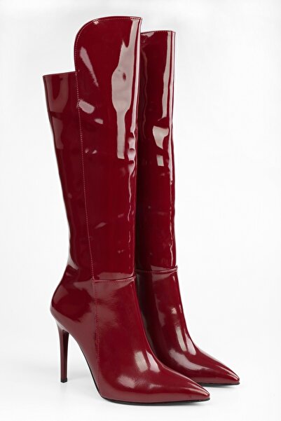Shoeberry Women's Gloss Burgundy Patent Leather Boots